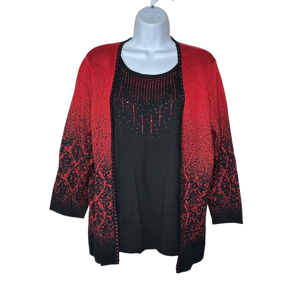 New Alfred Dunner Small Red Black Ombre Metallic Rhinestone Cardigan Top Festive